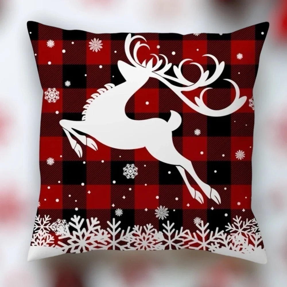 Pillow Cover Snowflake Deer Farmhouse Plaid Zippered Red Black Large 17.7 in